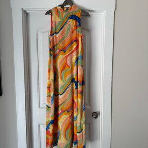 Nicole Miller Abstract Mock Neck Satin Maxi Dress - Rainbow - Size M